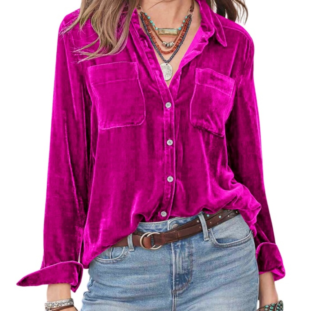 R Vivimos Womens Fuchsia Double Pocket Velvet Button Up Blouse